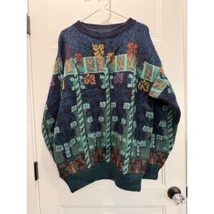 Vitruvian Designs Wool Sweater Size XXL Blue Green Geometric Made in Uruguay
